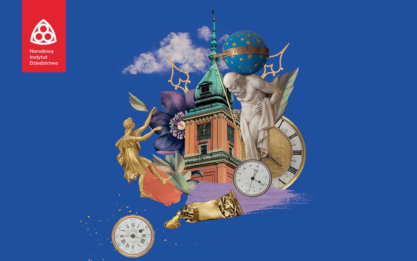 kolaż z elementów wystroju i zegara wieży Zamku Królewskiego w Warszawie