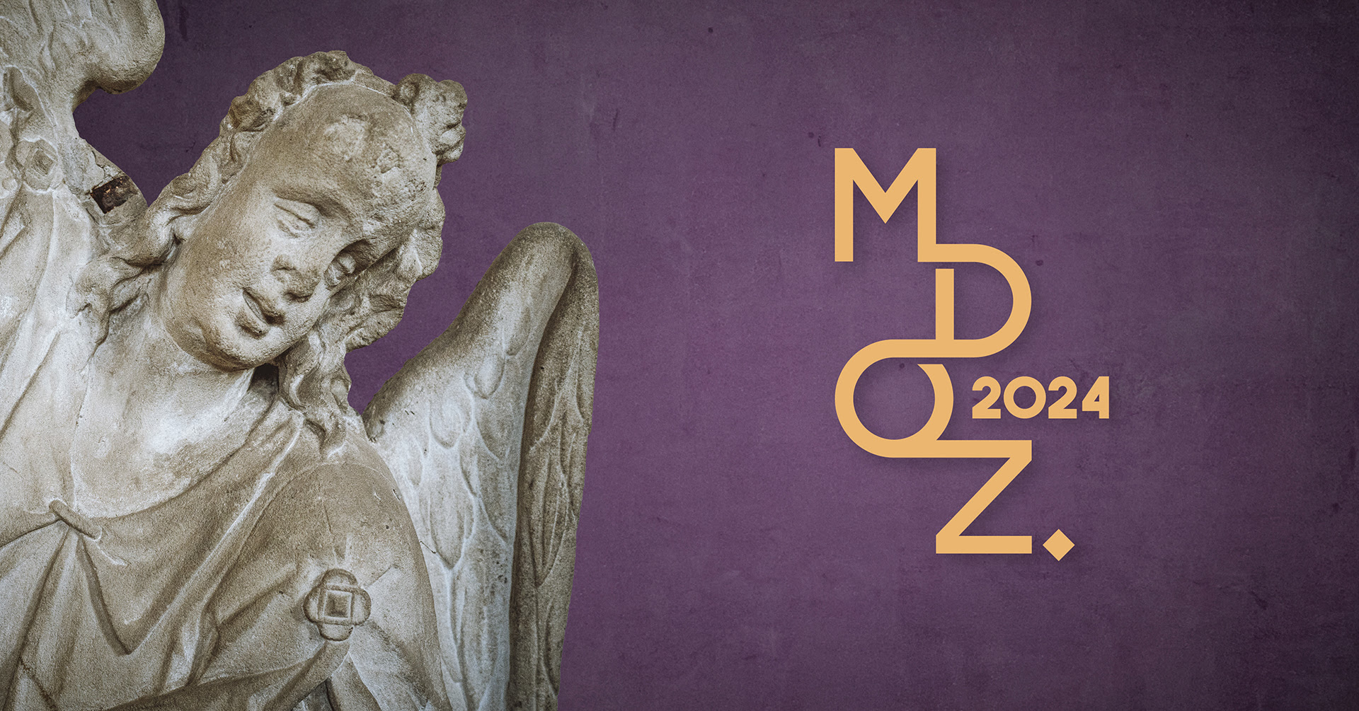 fragment rzeźby anioła oraz napis MDOZ 2024 na fioletowym tle